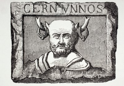 De Keltische god Cernunnos, naar een Frans-Romeins beeldhouwwerk ontdekt in de fundamenten van de Notre Dame kathedraal, Parijs, uit 